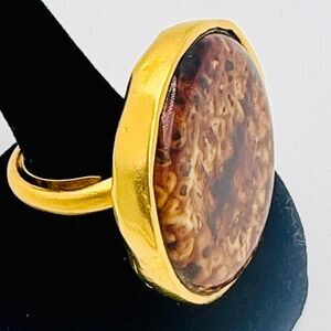 KJL Picture Jasper Statement‎ Ring  Signed Gold Tone Adjustable Oversized Bold